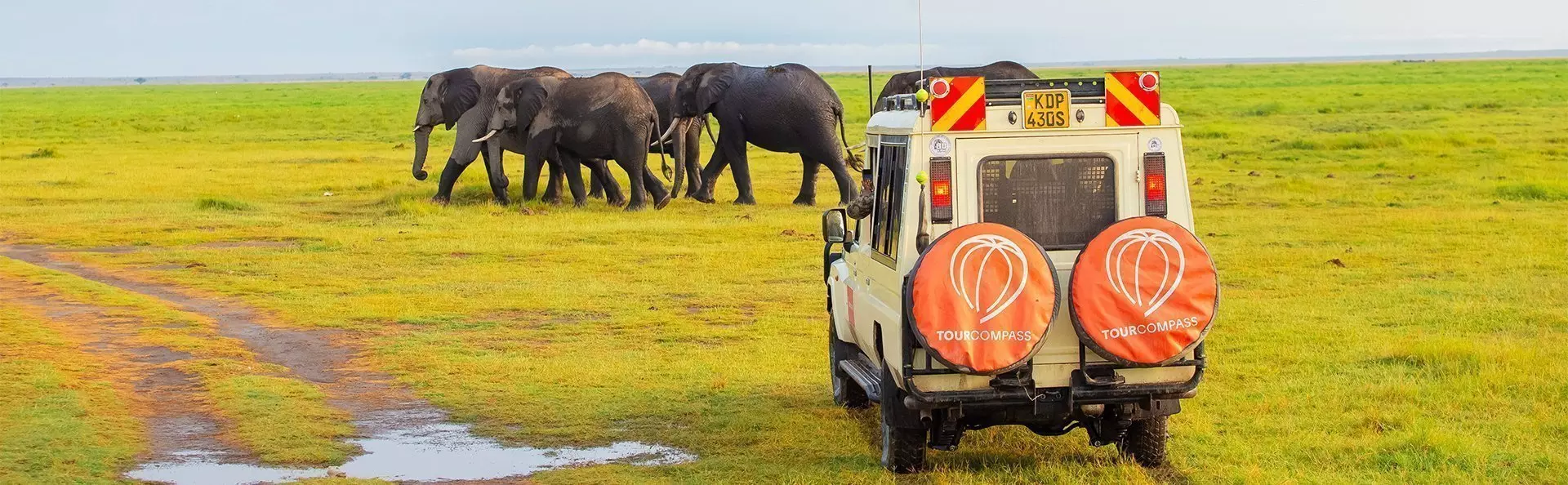 Safari-auto en olifanten in Amboseli Nationaal Park, Kenia